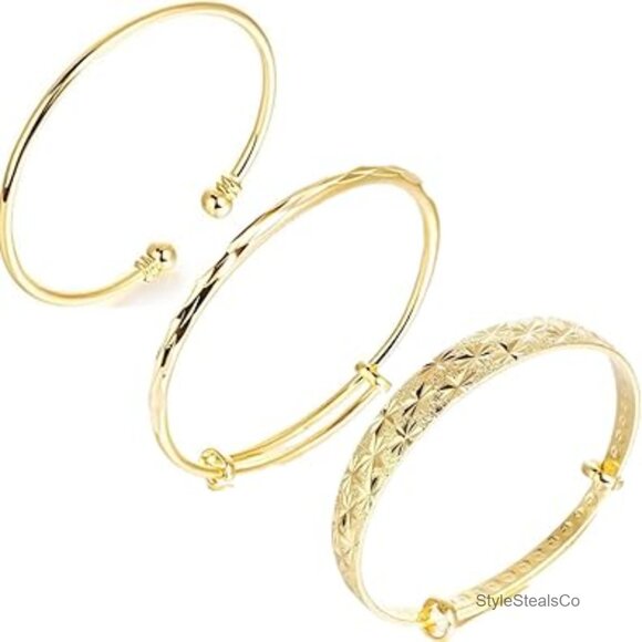 Gold Plated Adjustable Bangle Bracelet Set 3 Piece Stackable Cuff Jewelry